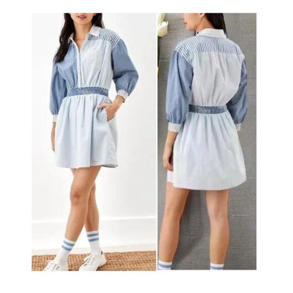 Women’s Blue & White Striped Utility Dress Size Small - Picture 1 of 16